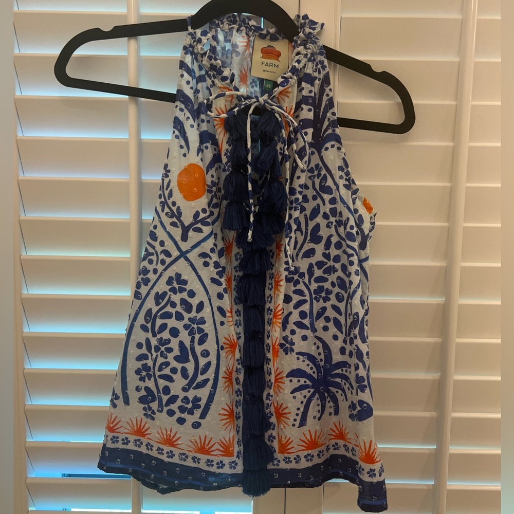 Farm Rio Blue and Orange Sleeveless Top